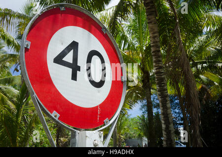 Vitesse limite à côté des cocotiers, Anaiki, Niue, le Pacifique Sud, l'Océanie Banque D'Images