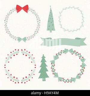 Éléments de Noël, couronne de fleurs, arbres et des rubans. Illustration des vecteurs Illustration de Vecteur