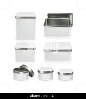 Ensemble de boîtes métalliques. La boîte de métal mocap. L'emballage, l'objet scénario isolé sur fond blanc Illustration de Vecteur