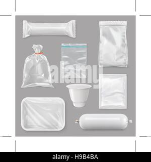 L'emballage alimentaire pour différents produits de collation, modèle du pack design pour stigmatiser, marchandises, en coffret plastique, sachet, packet, sac, pochette, fort, Illustration de Vecteur