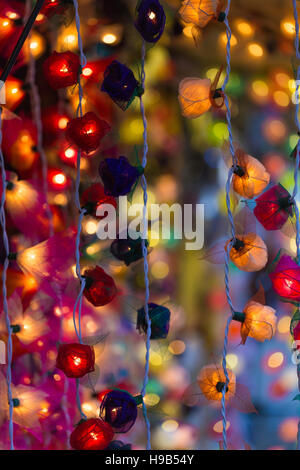 Des chaînes de lumières colorées dans des formes d'orchidées floral, l'arrière-plan flou floue, marché de noël cafe Banque D'Images