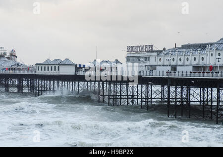 Brighton, Angleterre, Royaume-Uni. 22 Nov, 2016. Brighton, East Sussex. 22 novembre 2016. Météo britannique. Des vents violents, une mer difficile et de fortes averses sont battues au sud de la Grande-Bretagne à Brighton coût suite orage Angus. Au sud de vent côtières étaient prévues tout au long de la journée, et autour de 40 avertissements d'inondations sont en place dans tout le pays. Credit : Francesca Moore/Alamy Live News Banque D'Images