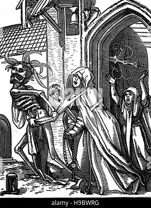 La danse de mort, aussi appelée Danse Macabre de Hans Holbein le Jeune, la mort et la nonne, illustration historique Banque D'Images