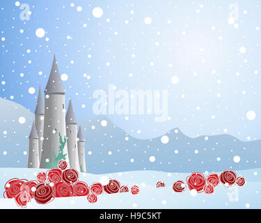 Une illustration de roses rouges dans une scène de neige avec un château de conte de fées et de montagnes sur un fond bleu glacé dans un format de carte de vœux Banque D'Images