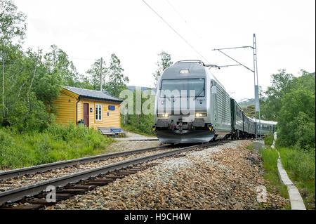 Fer Flamsbana in Norway train arrivant en gare, les petites collectivités rurales de la Norvège. Banque D'Images