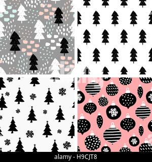 Un ensemble de quatre motifs récurrents sans couture d'hiver avec les arbres de Noël et de noël. Arrière-plan de fête, carrelage, carte de vœux ou papier d'emballage. Illustration de Vecteur