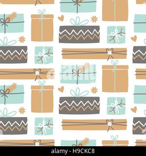 Schéma de répétition sans couture avec des cadeaux de Noël en brun, bleu clair et jaune sur fond blanc. Illustration de Vecteur