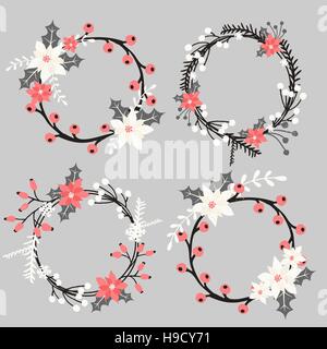 Un ensemble d'arrangements floraux de Noël en blanc, rouge, gris et noir. Invitation de mariage d'hiver, fête de Noël, élément de design vintage douche nuptiale Illustration de Vecteur