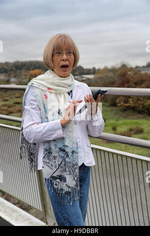 Personnes âgées femme japonaise reçoit un message texte choquant sur son smart phone Banque D'Images