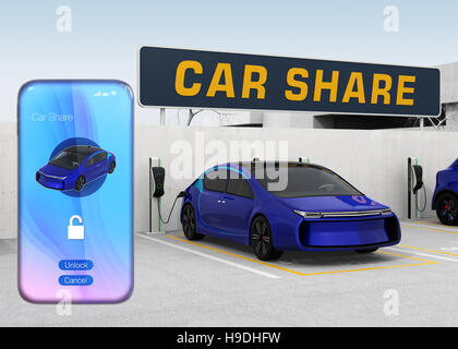 Smart phone avec l'application de partage de voiture en face de la voiture. Concept pour le covoiturage. Le rendu 3D image. Banque D'Images