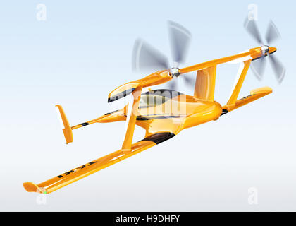 Drone volant autonome jaune taxi volant dans le ciel. Le rendu 3D image. Banque D'Images