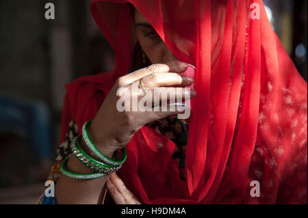 Rajasthani traditionnelle femme à boire le thé dans le Rajasthan en Inde Pushkar foire Banque D'Images