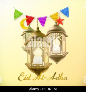 Fête musulmane Eid Al-Adha. Carte de souhaits avec lampe. La culture islamique. Vector background Illustration de Vecteur