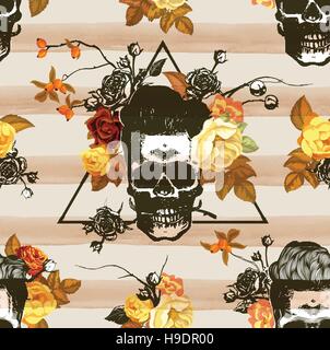 Humeur d'automne. Seamless pattern avec le Hipster crânes, fleurs et feuilles d'automne dans l'arrière-plan. Silhouette crâne dans leur gravure. Vecteur. Illustration de Vecteur