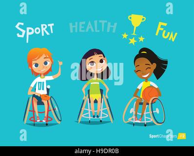 Handisport. Les enfants handicapés. Les garçons et les filles jouent au base-ball en fauteuil roulant. L'encadrement des jeunes sportifs handicapés. La réadaptation médicale. Je vecteur Illustration de Vecteur