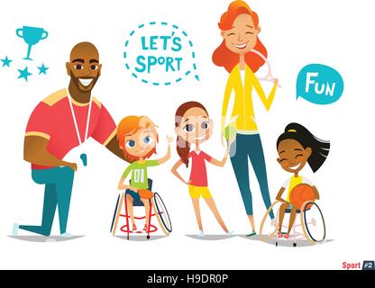 Sports famille. Les enfants handicapés en fauteuil roulant à jouer au ballon et de s'amuser avec leur ami. L'encadrement des jeunes sportifs handicapés. Réadaptation médicale Illustration de Vecteur