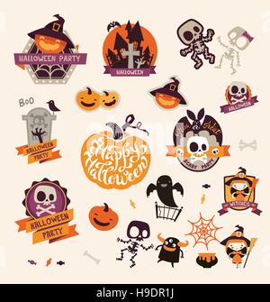 Ensemble de Retro Vintage Happy Halloween badges, autocollants, étiquettes. Éléments de conception pour le Flyer Carte de Vœux ou un parti. Vector Illustration Illustration de Vecteur