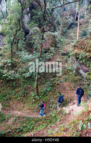 Randonneurs sur Shakti Himalaya's village à pied au Sikkim, en Inde, une visite guidée à pied où vous séjournerez dans des maisons de village. Banque D'Images