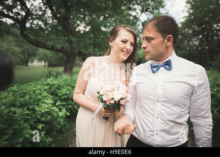 Beautiful wedding couple in park. kiss et s'embrassent Banque D'Images