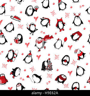 Cute hand drawn seamless pattern pingouins. Joyeux Noël bonjour Banque D'Images