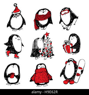 Pingouins dessinés à la main, mignon ensemble. Joyeux Noël bonjour Banque D'Images