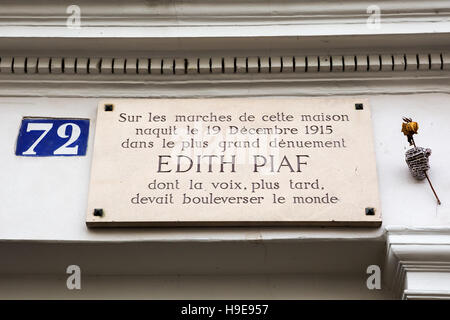 Inscrivez-vous à la maison natale, rue de Belleville 72, d'Edith Piaf à Belleville, Paris, France Banque D'Images