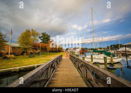 Bridge et bateaux amarrés dans le port, à Saint Michaels, Maryland. Banque D'Images