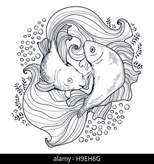 Or deux poissons dessinés à la main, sur la page de coloriage Banque D'Images