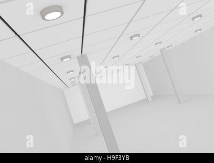 Vide blanc prix pour un magasin ou bureau avec éclairage sur le plafond et les piliers . 3D illustration Banque D'Images