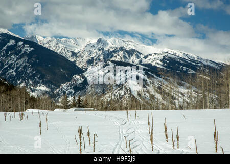 Les pistes de ski sur la neige, des montagnes en arrière-plan, d'un sentier à Benoît Huts, près de Aspen, Colorado USA Banque D'Images