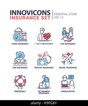 Types d'assurance - vecteur moderne ligne mince plate d'icônes et de pictogrammes. Accueil, santé, vie, voiture,-, voyage, l'assurance retraite, eme Illustration de Vecteur
