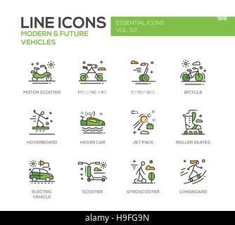 Véhicules modernes et futurs - vecteur moderne design ligne d'icônes et de pictogrammes. Motor scooter, vélo pliant, gyropode, location, voiture, vol stationnaire, hoverbord Illustration de Vecteur