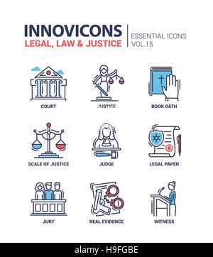 Juridique, Droit, justice - vecteur ligne moderne télévision conception d'icônes et de pictogrammes. Cour, un juge, un document juridique, livre de serment, la preuve matérielle, jury, witnes Illustration de Vecteur