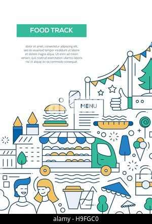 La voie alimentaire - ligne vectorielle brochure design affiche, flyer, modèle de présentation, format A4 la mise en page. Symboles Fast food Illustration de Vecteur