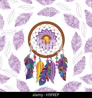 Hand drawn Native American Indian talisman dreamcatcher de couleur avec des plumes et de la lune. Hipster vecteur modèle. transparente Isolé sur fond blanc. Illustration de Vecteur