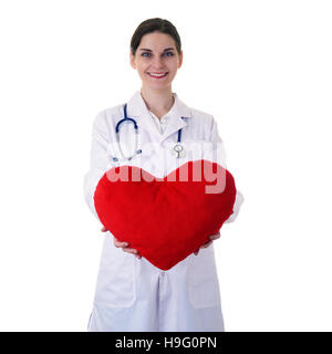 Femme médecin chercheur assistant en blanc manteau sur fond isolé Banque D'Images