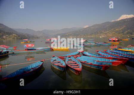 Les bateaux de plaisance sur le Lac Phewa Tal Pokhara (Népal), l'Asie. Banque D'Images