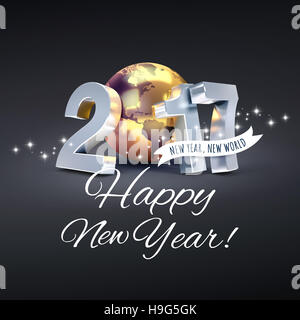 Messages d'accueil et nouvelle année 2017 genre composé d'une planète terre d'or, scintillant sur fond noir - 3D illustration Banque D'Images