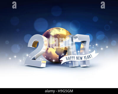 Message d'accueil et nouvelle année 2017 genre composé d'une planète terre d'or, sur un fond noir à en-tête - 3D illustration Banque D'Images