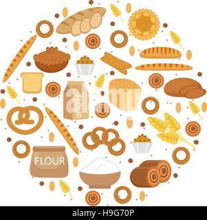 Produits de boulangerie icon set sur une forme ronde, télévision style. de différents pains et de pâtisseries isolé sur fond blanc. Farine . Vector illustration Illustration de Vecteur