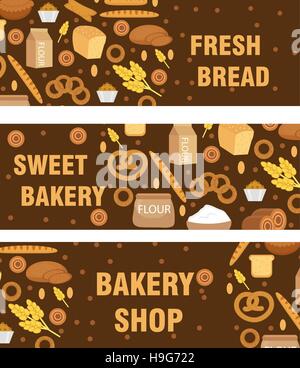 Produits de boulangerie, de bannière style plat. Ensemble de différents pains et pâtisseries horizontale. Avec l'inscription du pain frais, boutique, sweet . Vector illustration Illustration de Vecteur