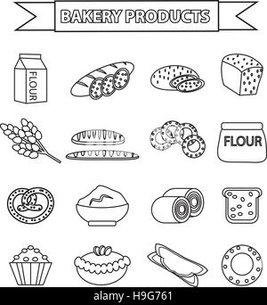 Produits de boulangerie icon set, ligne, contours, doodle style. de différents pains et de pâtisseries isolé sur fond blanc. Farine . Vector illustration Illustration de Vecteur