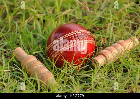 Cricket ball en cuir rouge et passants sur l'herbe Banque D'Images