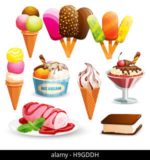 La crème glacée très détaillées avec choc-ice, ice cream cones et panna cotta Banque D'Images