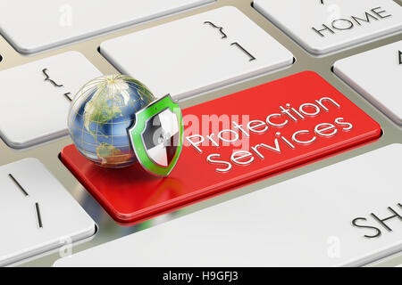 Services de protection concept sur le bouton du clavier, rendu 3D Banque D'Images