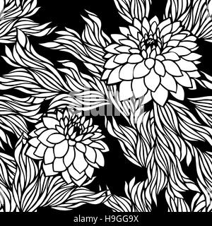 Seamless Vector modèle floral monochrome noir et blanc dans un style rétro vintage pivoine ; aster ; chrysanthème ; dahlia pour papier peint, carte postale, imprimer, t Illustration de Vecteur