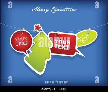 La pendaison de cinq zones de texte avec arbre de Noël et de l'étoile rouge. Illustration de Vecteur
