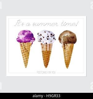 Vector prêt à imprimer carte postale avec l'aquarelle de glaces. Carte postale avec des glaces et discription isolé sur le fond blanc. Illustration de Vecteur