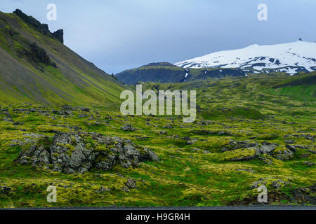 Paysage et le volcan Snaefellsjokull, dans la péninsule de Snæfellsnes, à l'ouest de l'Islande Banque D'Images