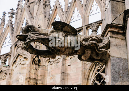 Les gargouilles et autres ornements en pierre sculptée à l'extérieur de la cathédrale de Milan (Milano Duomo) Banque D'Images